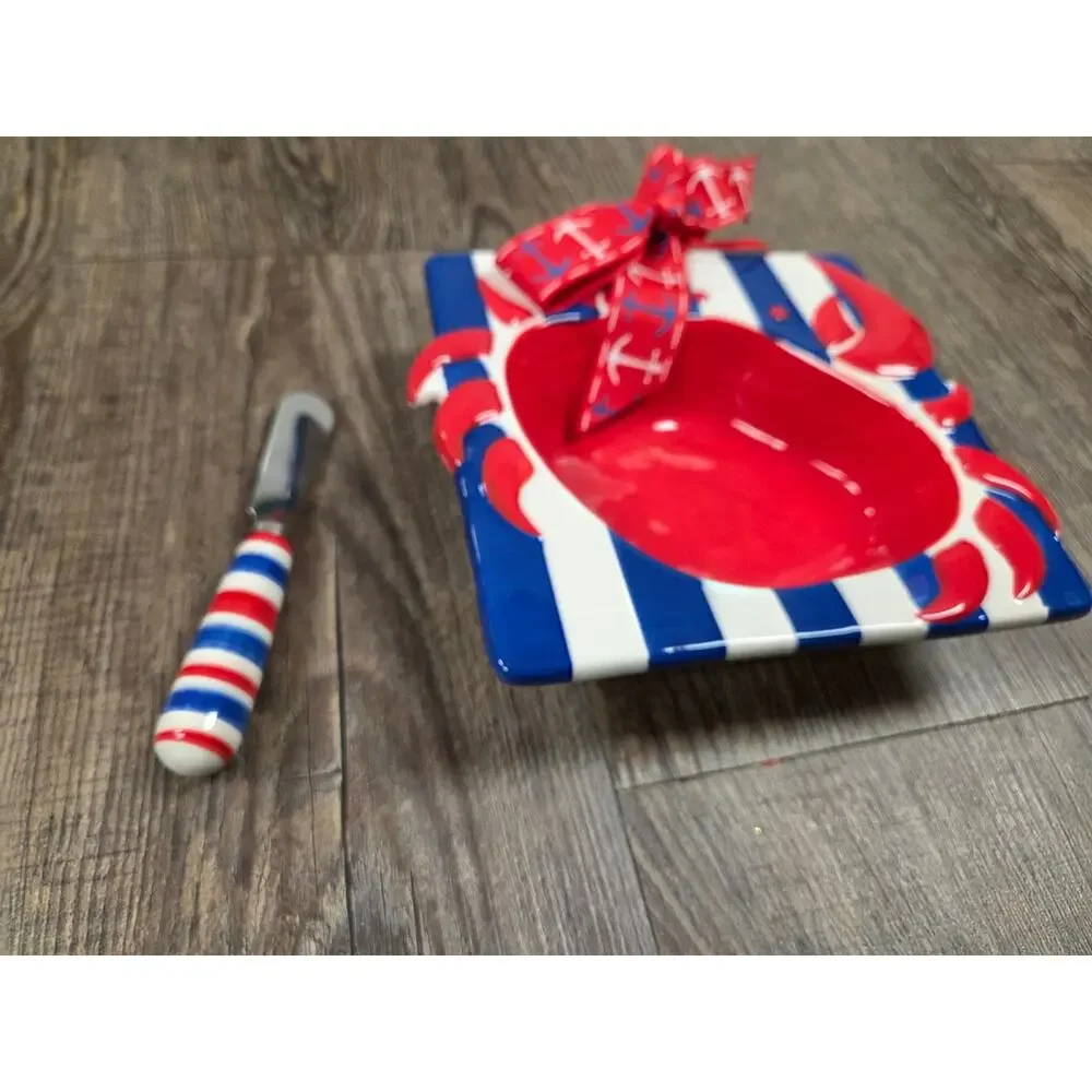 Mud Pie Red Blue White Crab Dip Bowl with Spreader